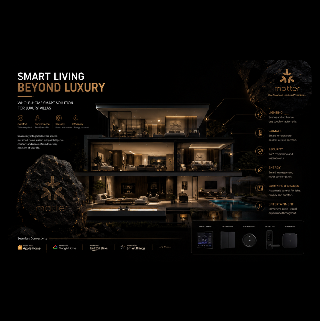 Whole-home automation illustration with lighting, climate and shading scenes