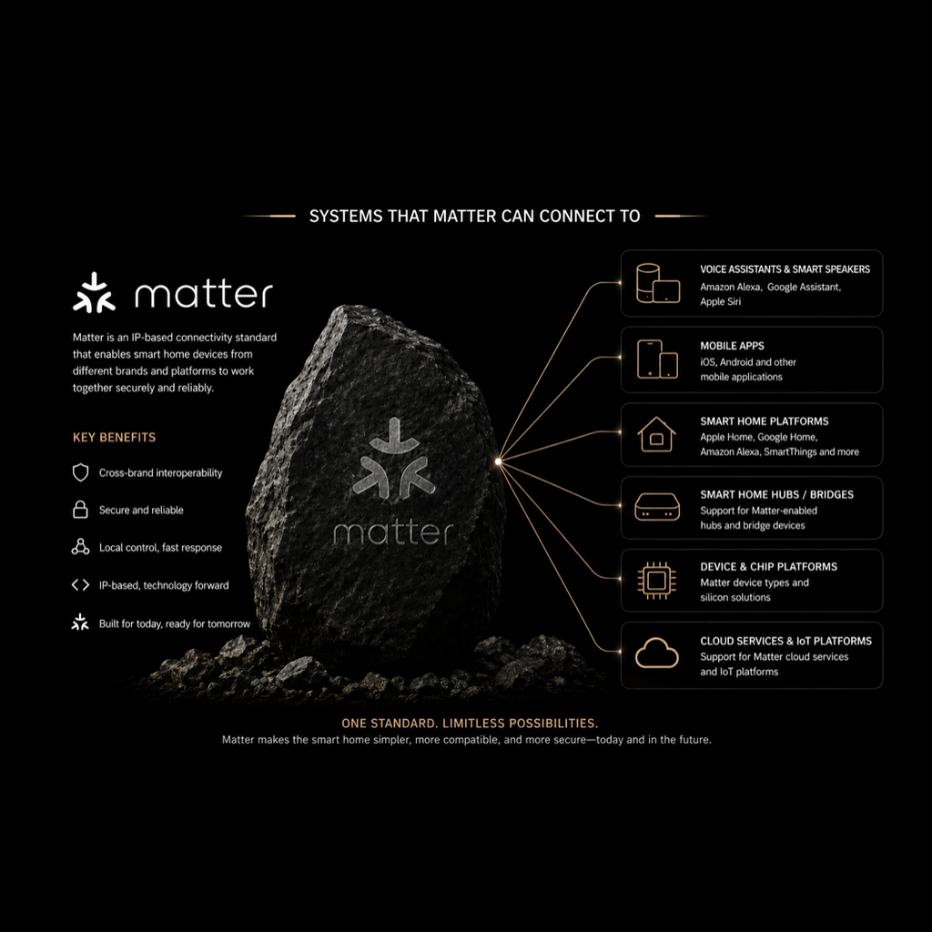 Matter connectivity diagram for voice assistants, mobile apps and smart-home platforms
