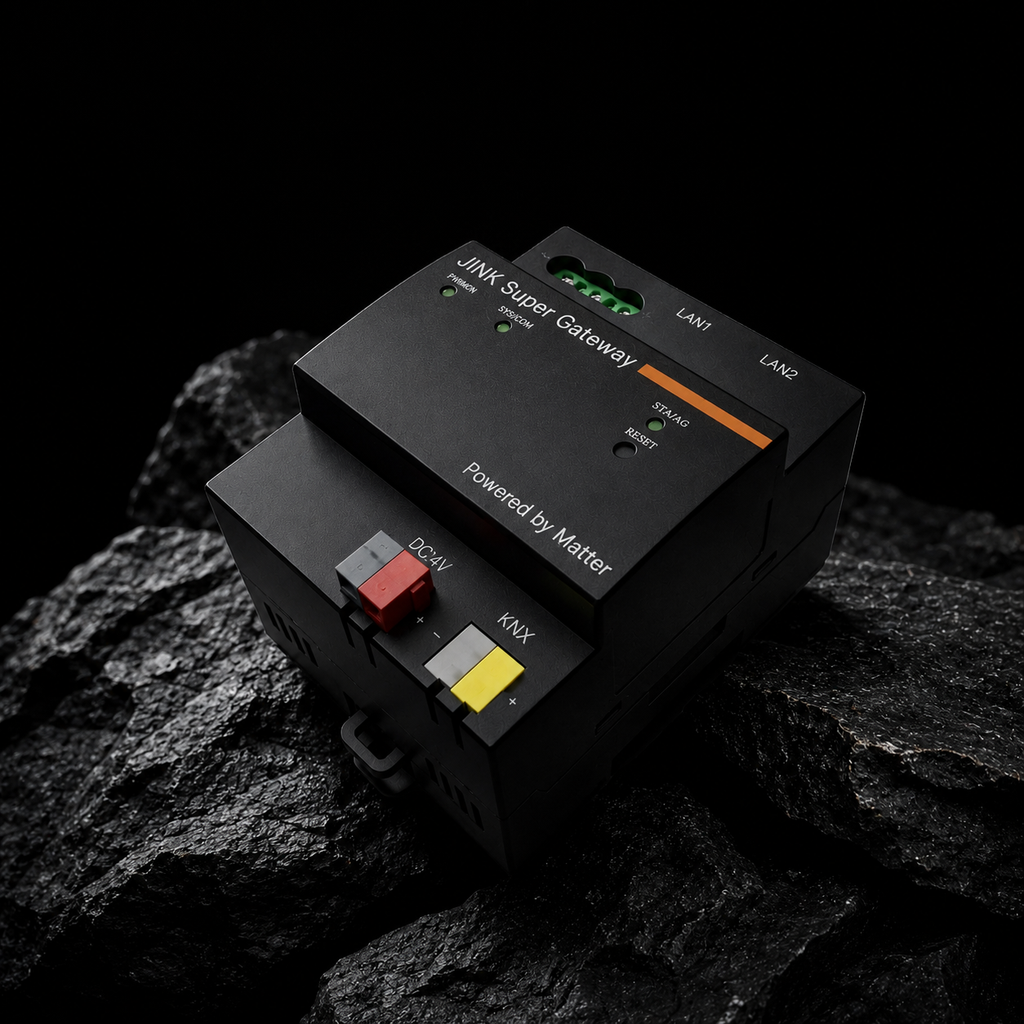 Black JINK Super Gateway KNX on a dark stone surface