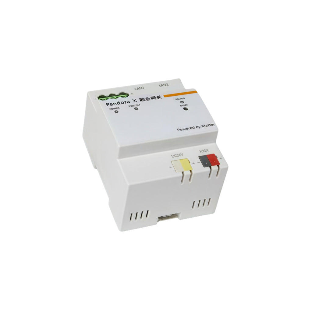 White KNX gateway enclosure showing power, KNX and network labels