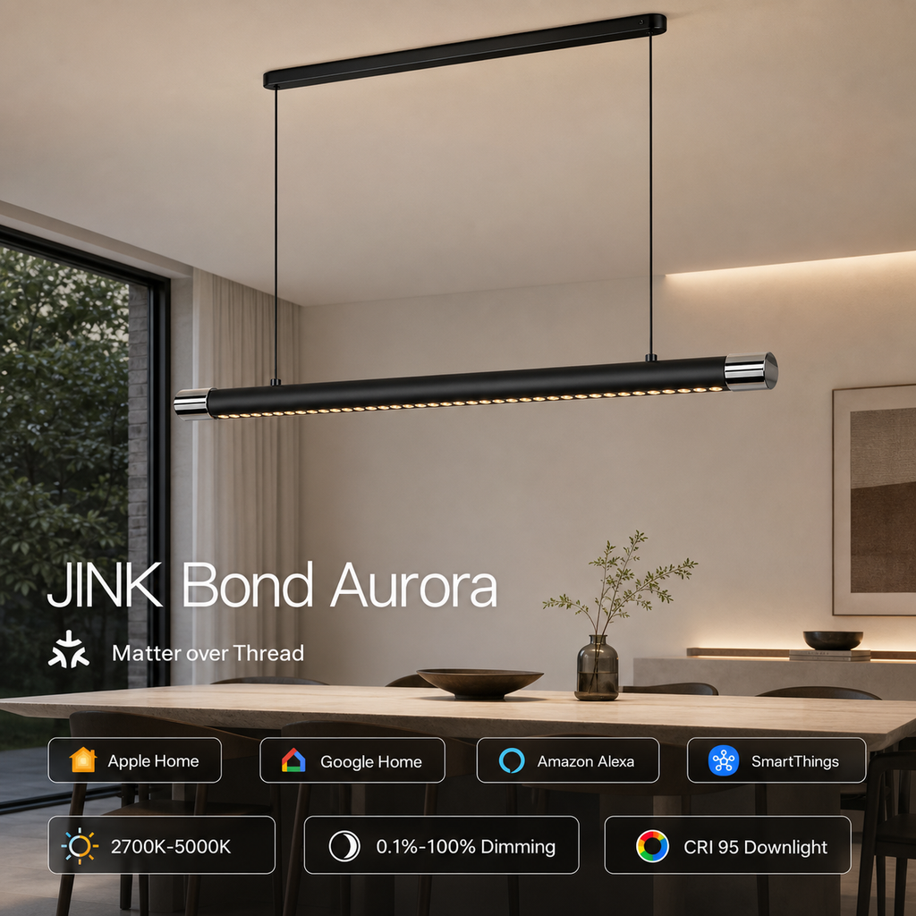JINK Bond Aurora Matter over Thread linear pendant in a modern dining interior with supported smart home platforms