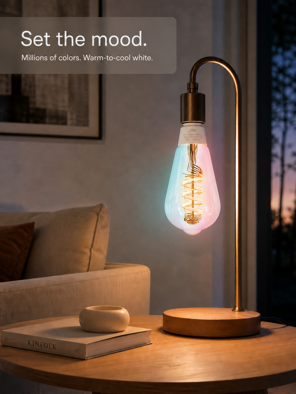 JINK Bulb E27 ST64 installed in a warm living room lamp