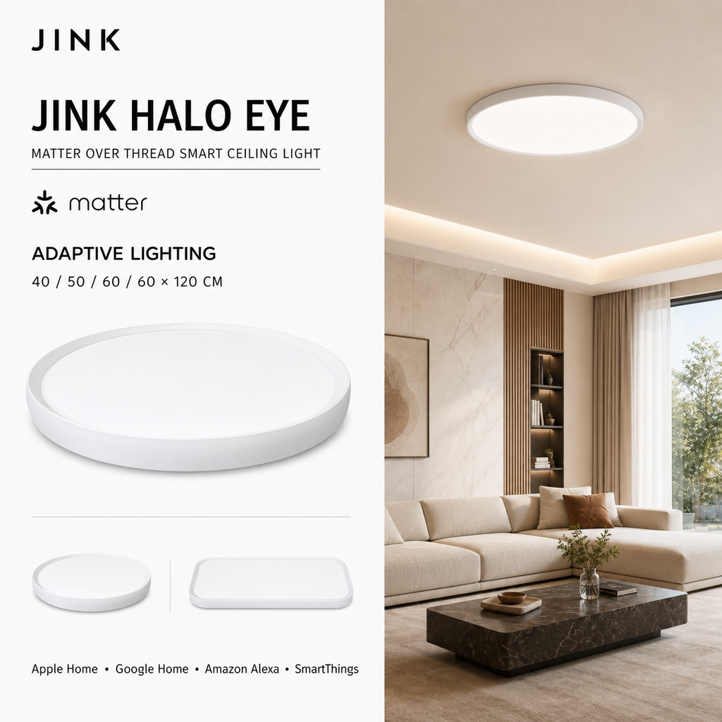 JINK Halo Eye Matter over Thread comprehensive hero with room scene and supported ecosystems