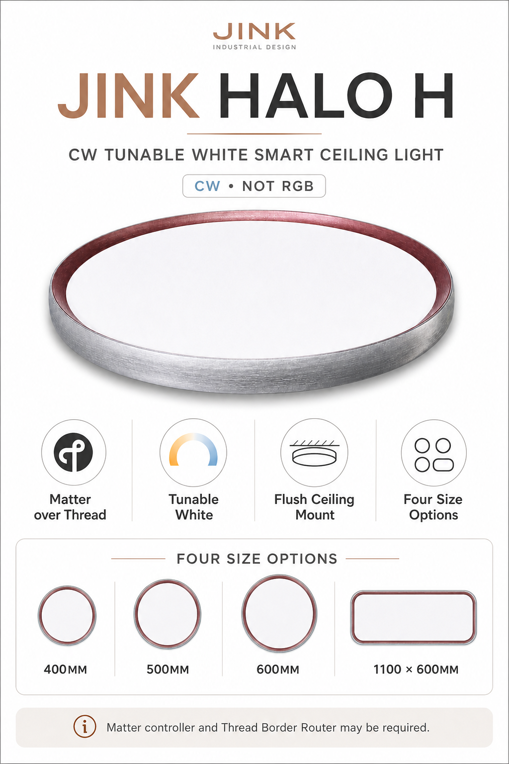 JINK Halo H CW tunable white size and product specification infographic