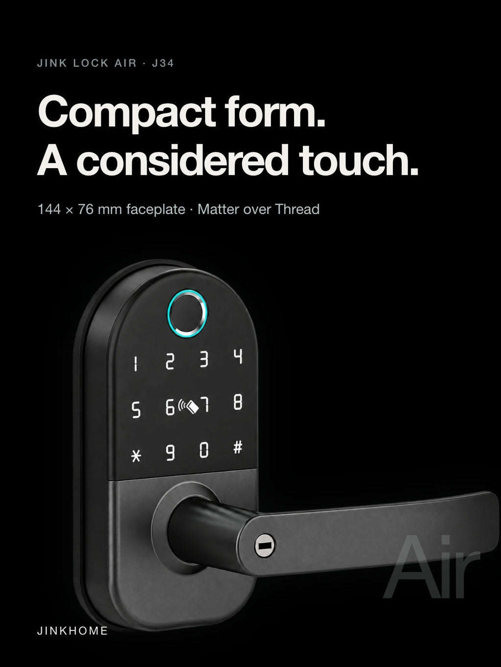 JINK Lock Air — Compact black aluminum lock with a 144 × 76 mm faceplate