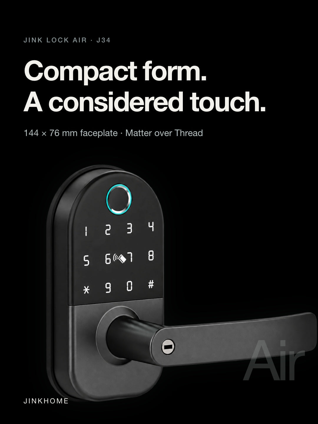 JINK Lock Air — Compact black aluminum lock with a 144 × 76 mm faceplate