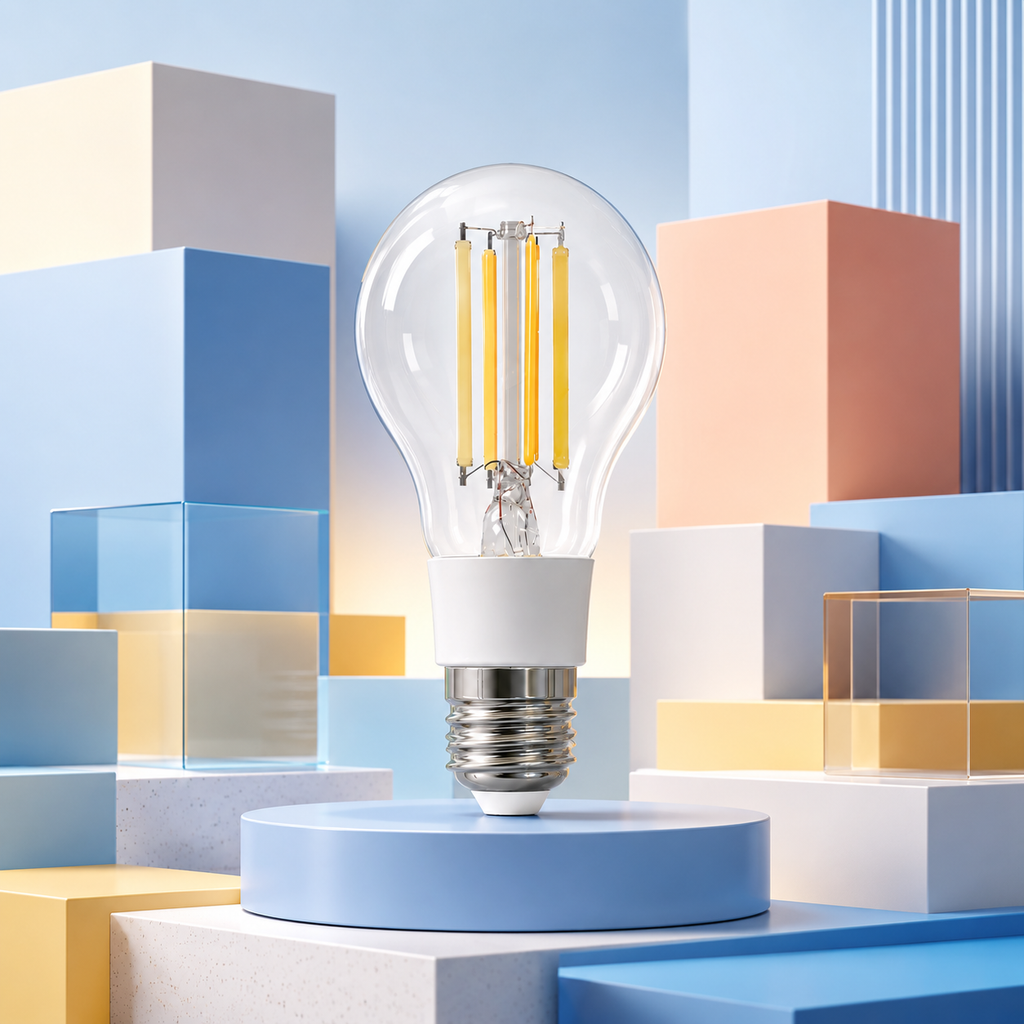 JINK Bulb Ember displayed on a blue pedestal in a clean geometric studio