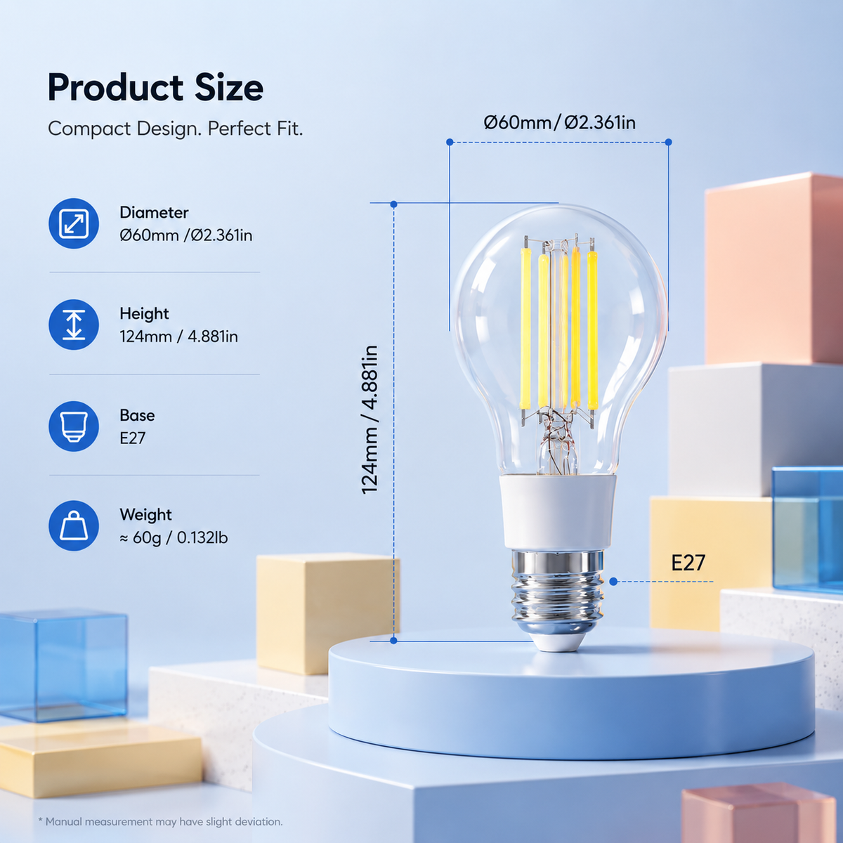 JINK Bulb Ember dimensions showing 60 millimeter diameter, 124 millimeter height, and E27 base