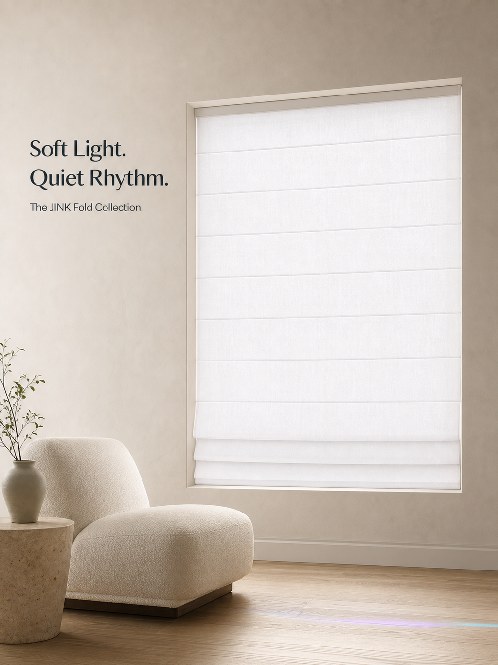 JINK Fold Collection Roman shade in a warm minimal living room