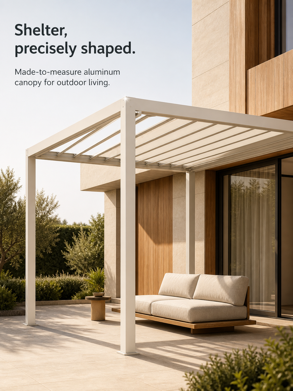 JINK Haven aluminum canopy shaping sunlight on a contemporary terrace