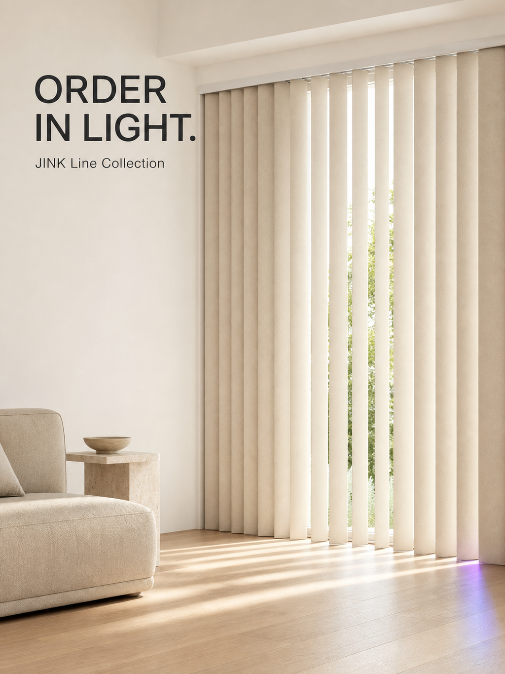 JINK Line vertical blind adjusting daylight in a modern living room