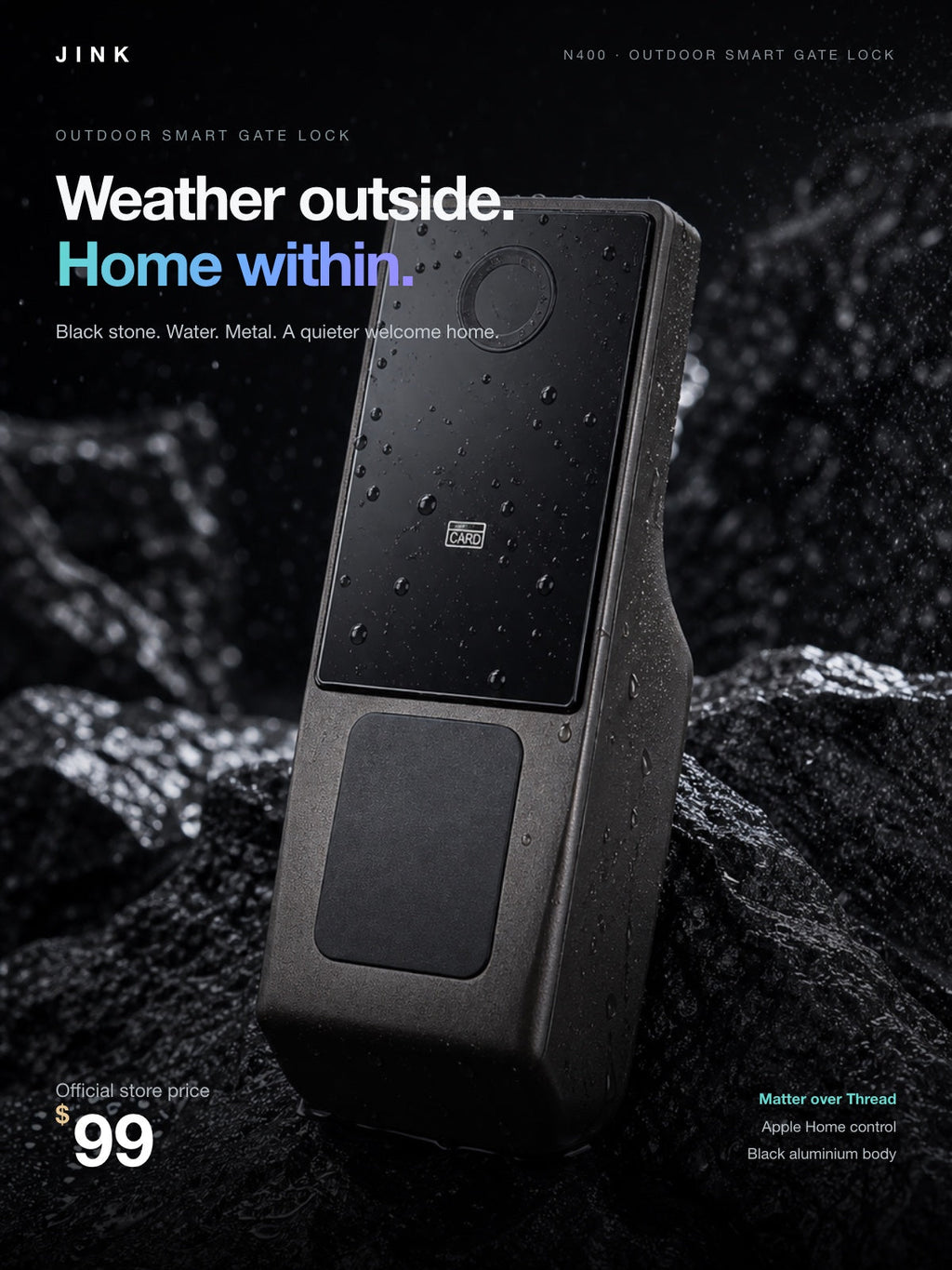 JINK Lock N400 outdoor smart gate lock — Weather outside. Home within. — 3x4 — English