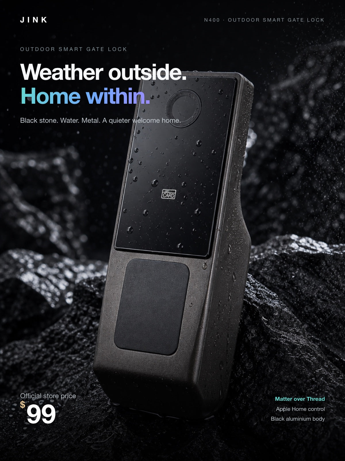 JINK Lock N400 outdoor smart gate lock — Weather outside. Home within. — 3x4 — English