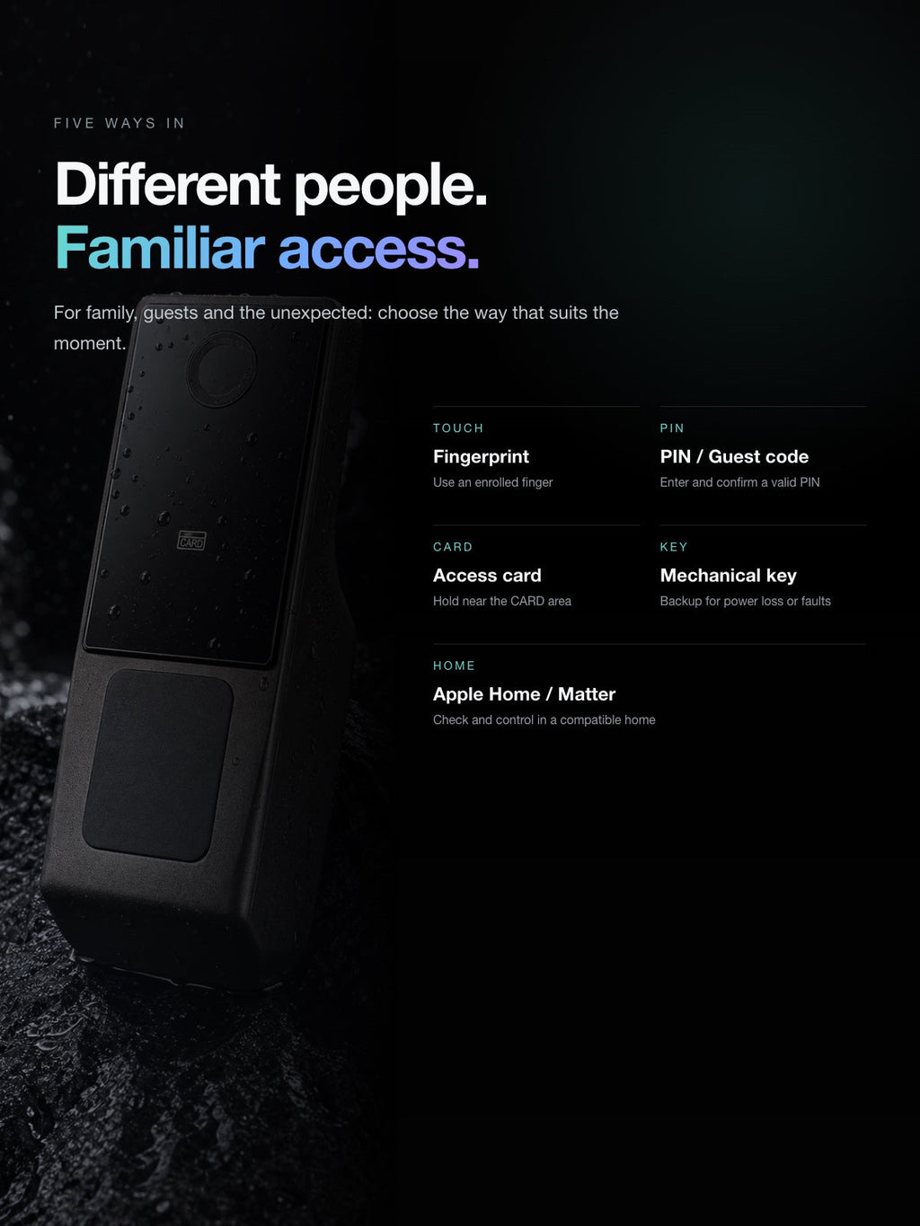 Five access methods: fingerprint, PIN or guest code, card, mechanical key and Apple Home — 3x4 — English