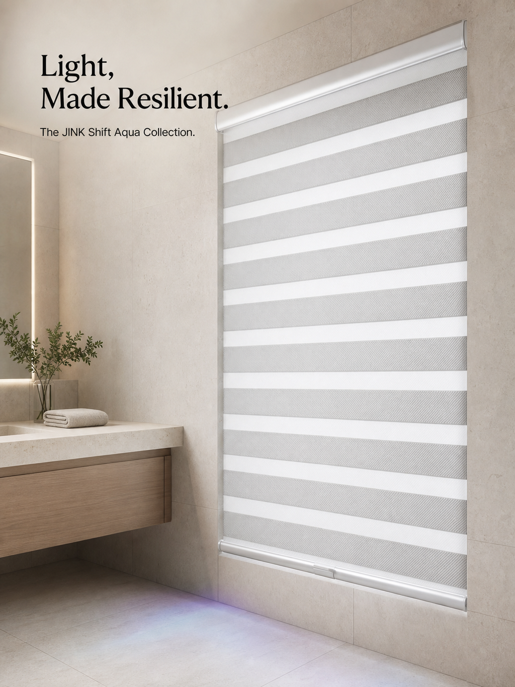 JINK Shift Aqua Collection zebra shade in a minimal bathroom