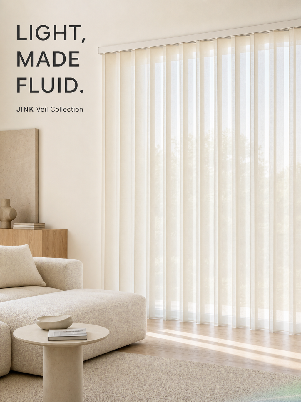 JINK Veil vertical sheer shade filtering daylight in a modern living room