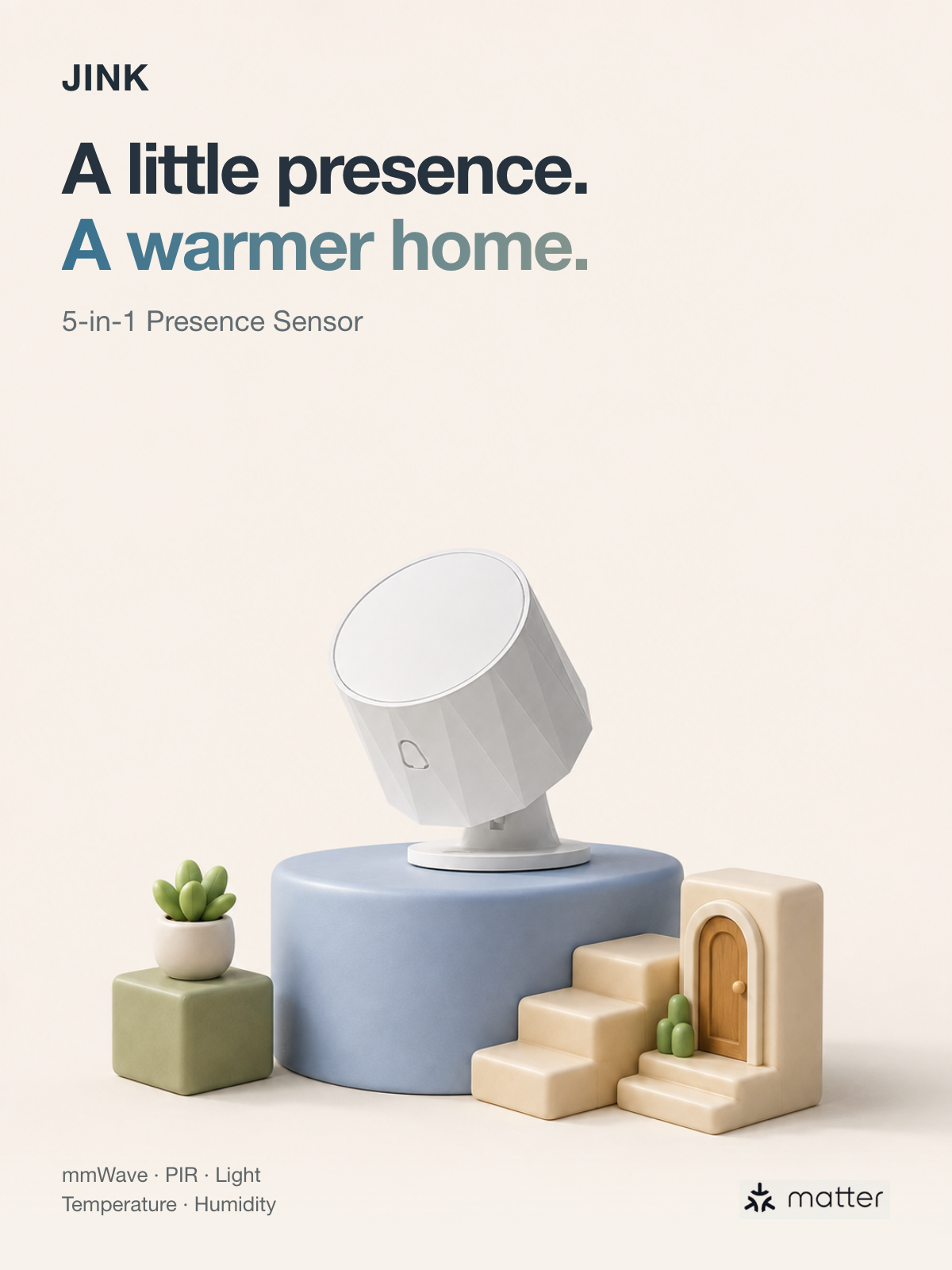 JINK 5-in-1 Presence Sensor with a refined white finish and pastel block-world setting