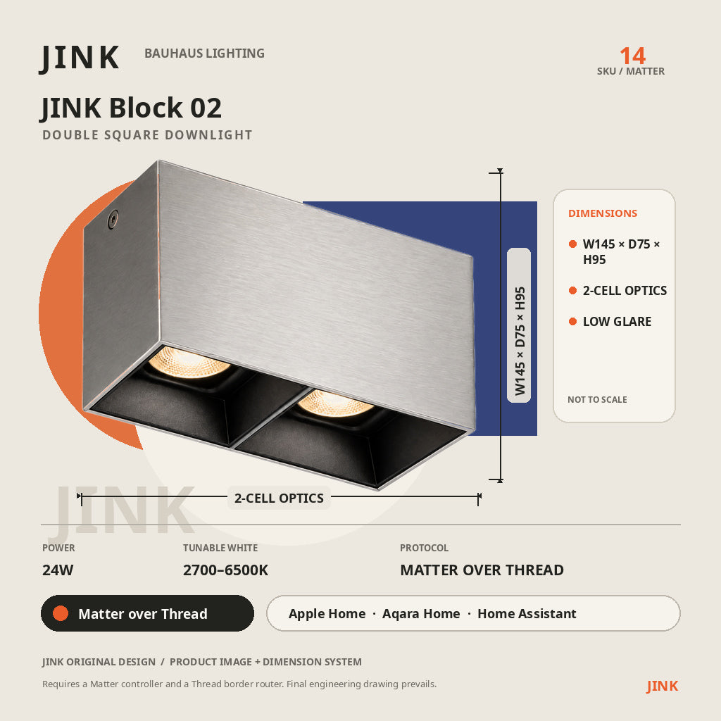 JINK Block 02 dimensions and Matter over Thread specifications