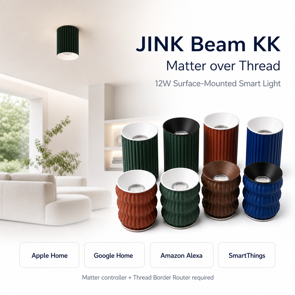 JINK Beam KK Matter over Thread surface-mounted smart light with Apple Home, Google Home, Amazon Alexa and SmartThings