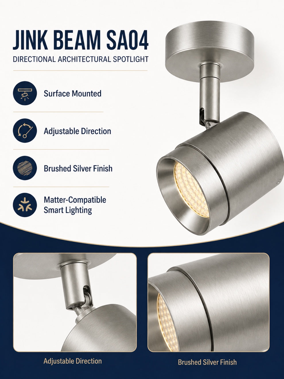 JINK Beam SA04 directional spotlight surface mount and brushed silver detail