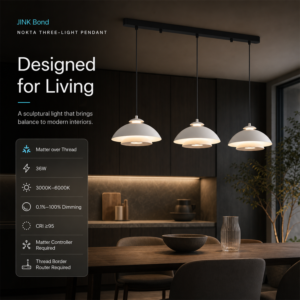 JINK Bond Nokta Three-Light Pendant Matter over Thread lifestyle and specifications