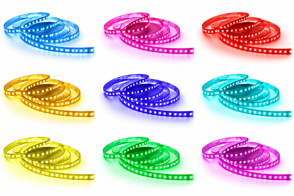Nine separate fixed-colour LED strip options — redrawn appearance illustration, not a colour-changing strip