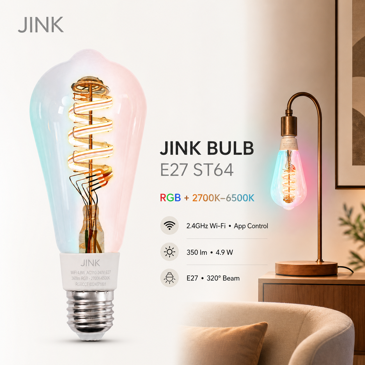JINK Bulb E27 ST64 RGB 2700K-6500K Wi-Fi app control comprehensive hero