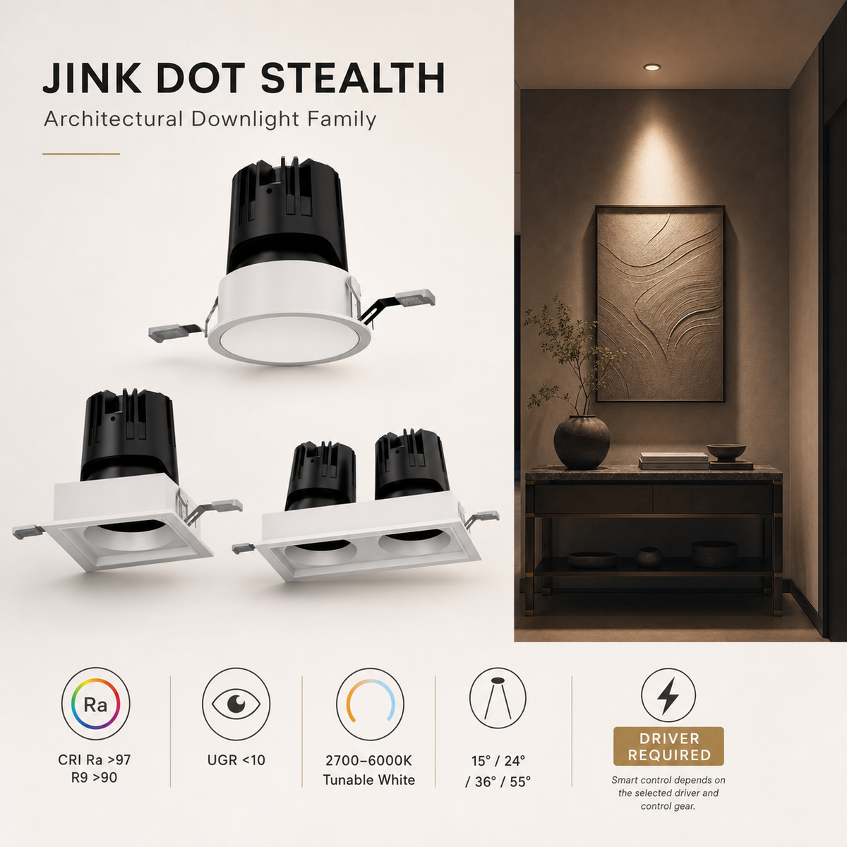 JINK Dot Stealth architectural downlight composite with product family scene specifications and driver required