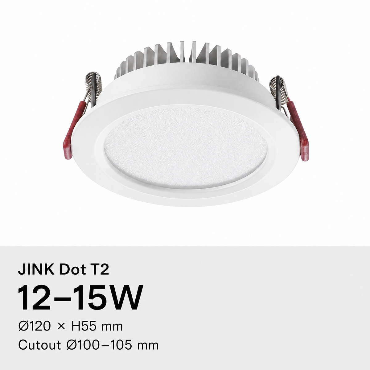 JINK Dot T2 12–15W, Ø120 × H55 mm, cutout Ø100–105 mm