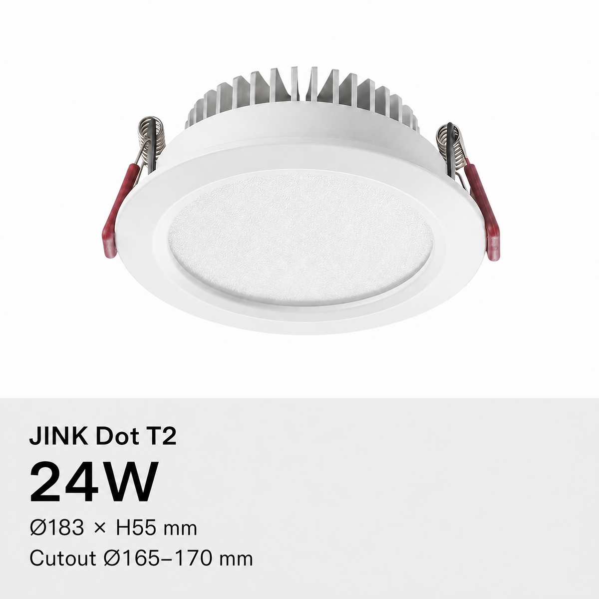 JINK Dot T2 24W, Ø183 × H55 mm, cutout Ø165–170 mm