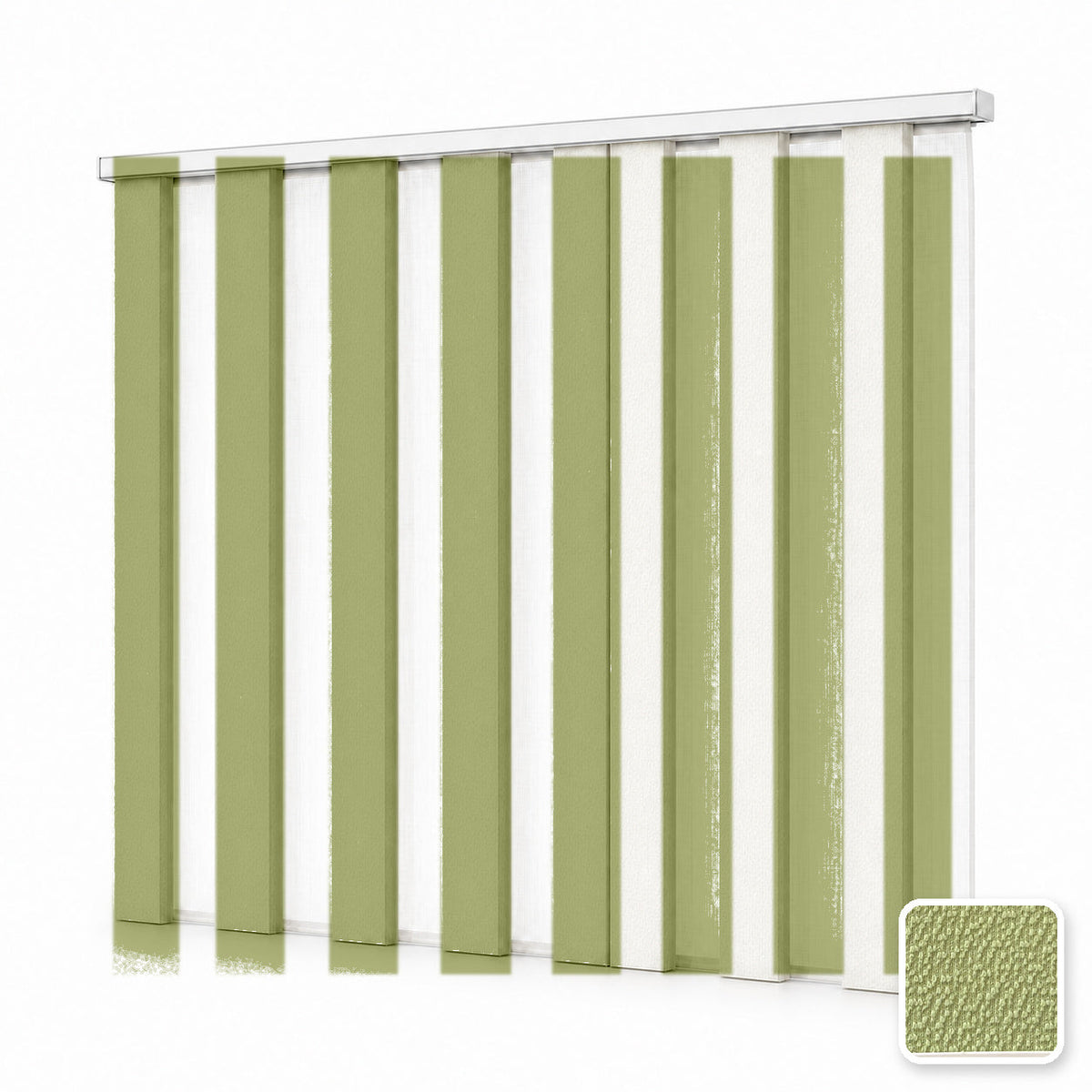 JINK Veil smart motorized dream curtain M1001-Green, white background effect image with real fabric swatch inset