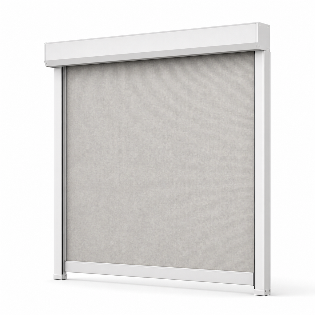 JINK Gale guided exterior roller shade on pure white background
