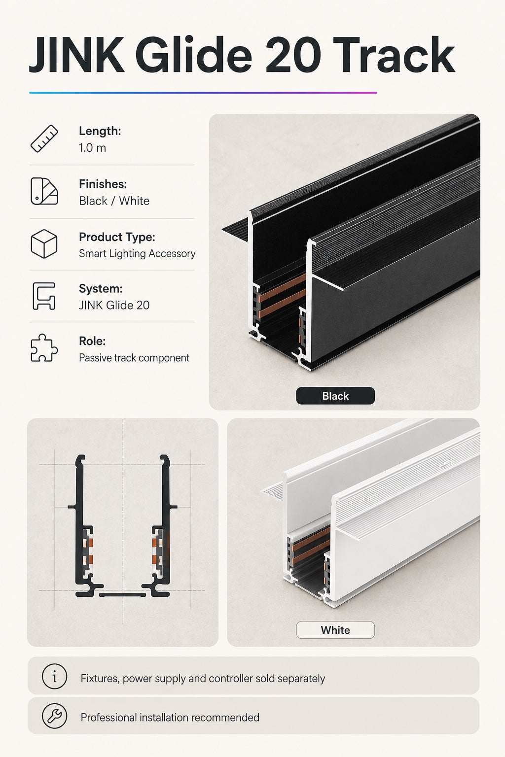 JINK Glide 20 Track one meter black white specification infographic