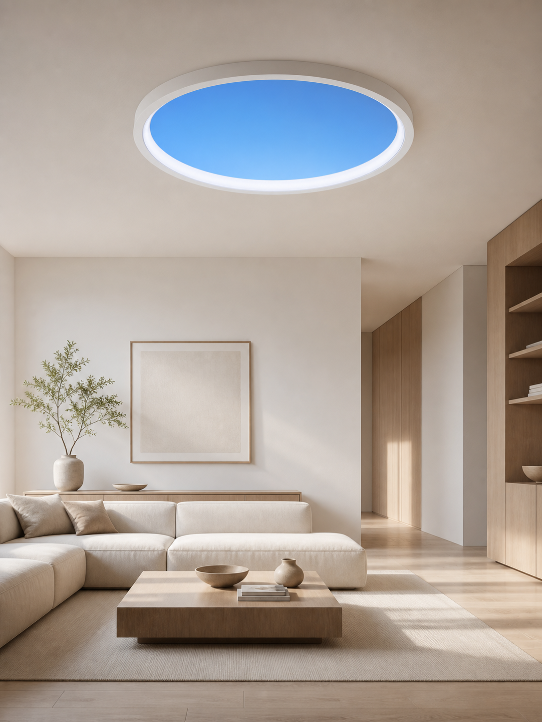 JINK Halo Sky circular skylight in a minimal contemporary living room