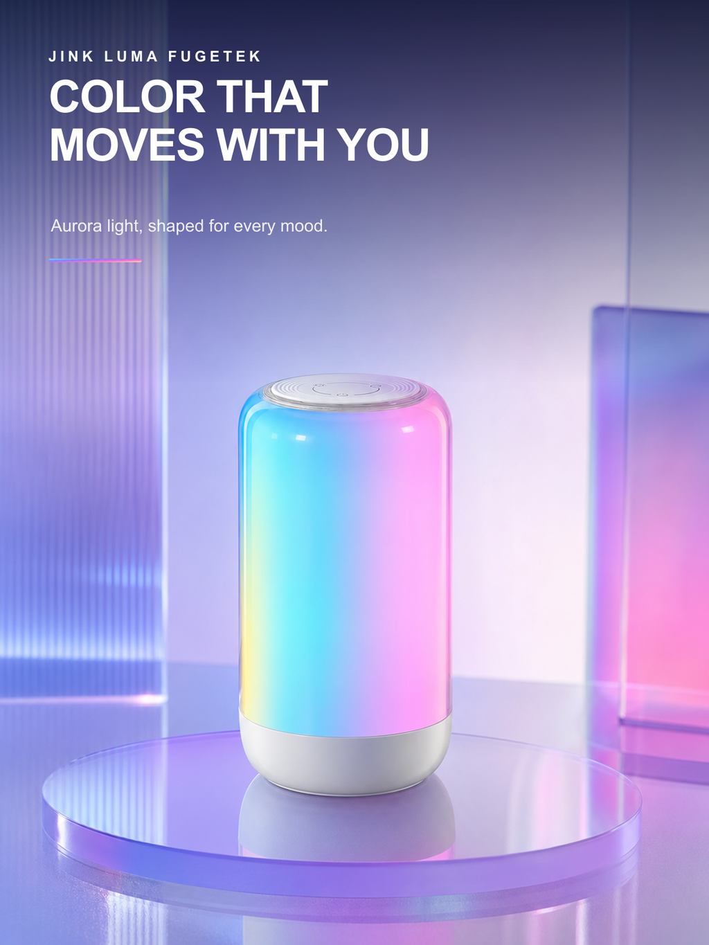 JINK Luma Fugetek iridescent RGB lamp in a frosted glass studio