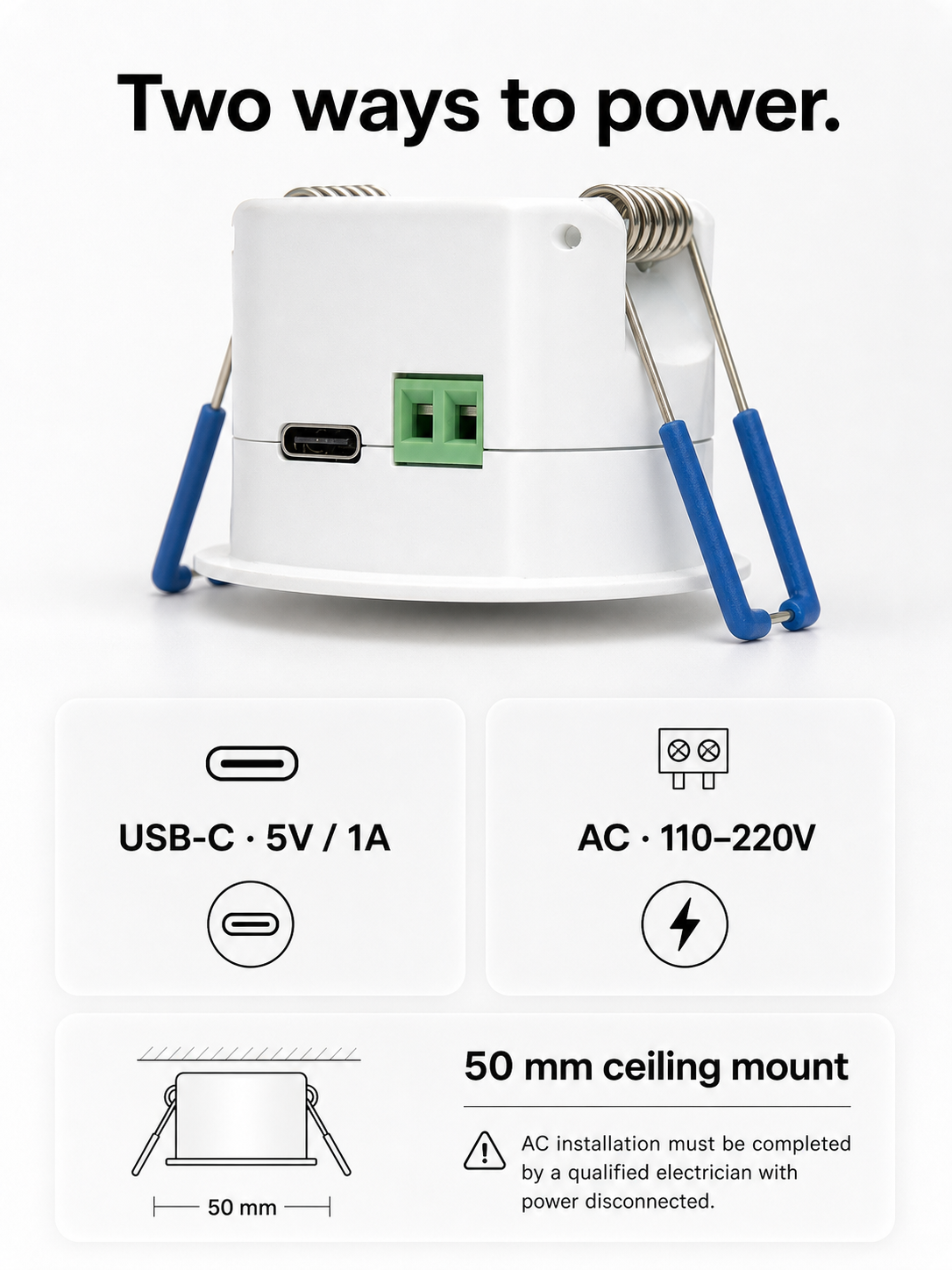 JINK Presence Sensor T2 USB-C and AC power installation