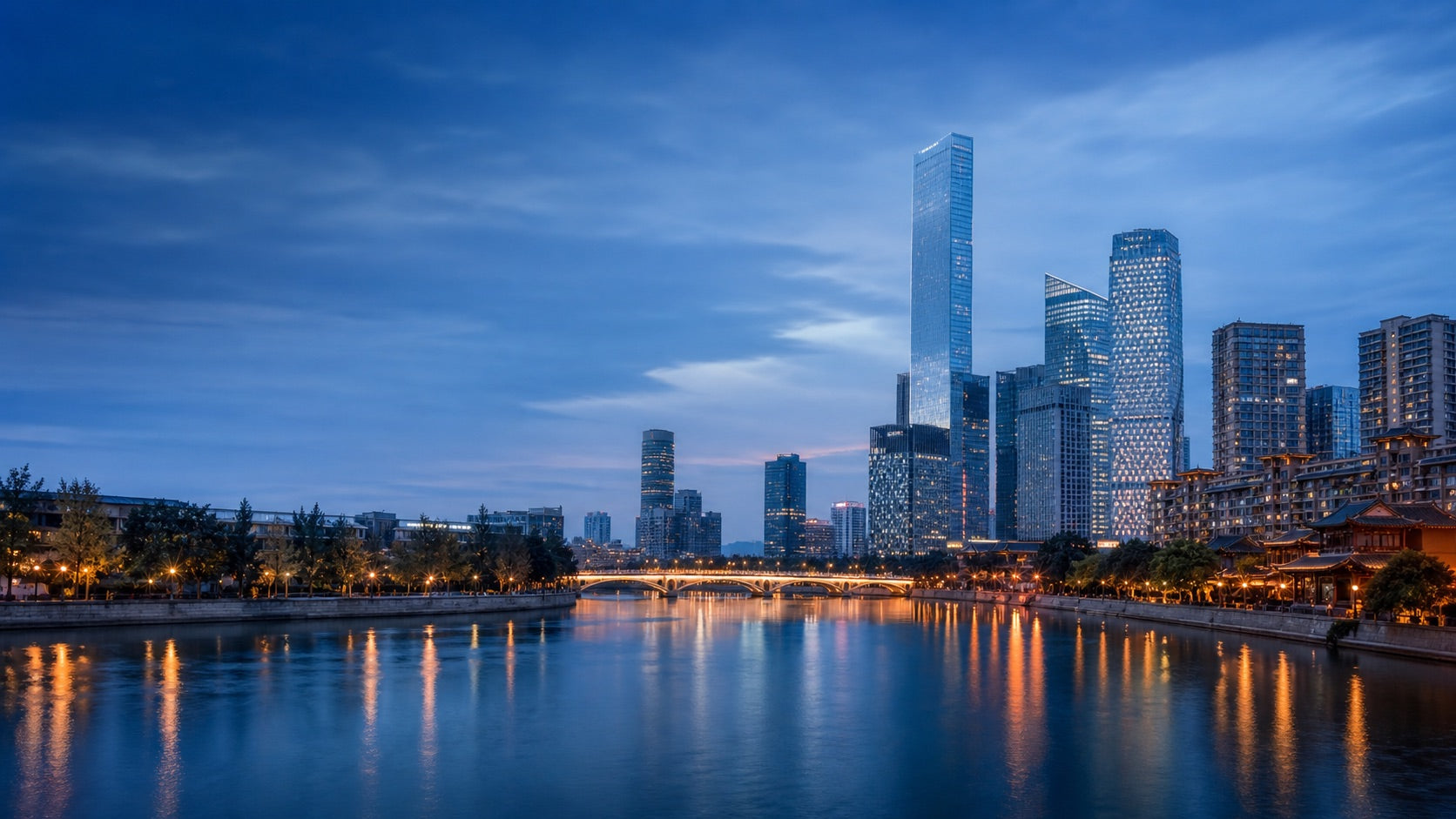 Chengdu skyline at blue hour